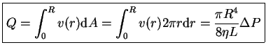 $\displaystyle \boxed{Q=\int_{0}^{R}v(r)\textrm{d}A = \int_{0}^{R} v(r)2 \pi r \textrm{d}r= \frac{\pi R^4}{8 \eta L} \Delta P }$